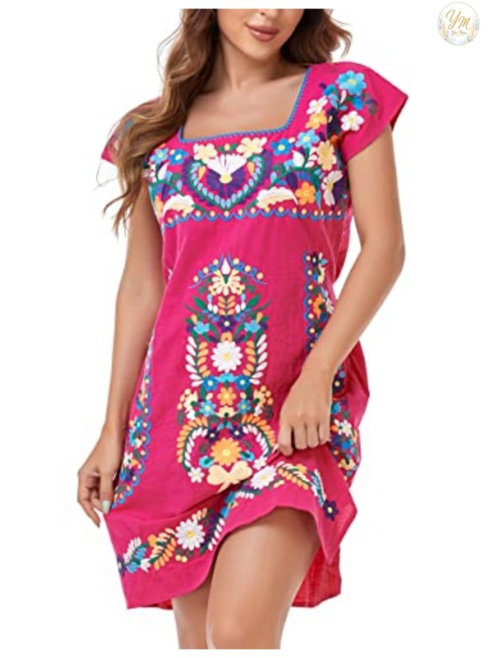 Women's Mexican Embroidered Mini Dress Floral Short Sleeve Boho Peasant